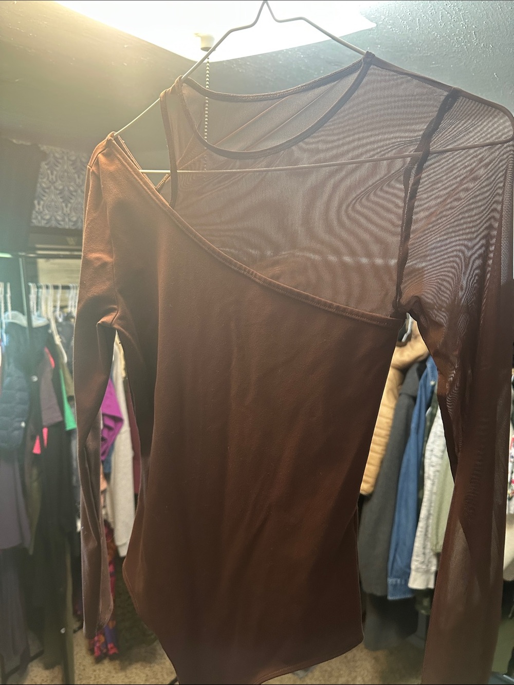 Abercrombie & Fitch Brown Mesh Long Sleeve Asymmetric Bodysuit